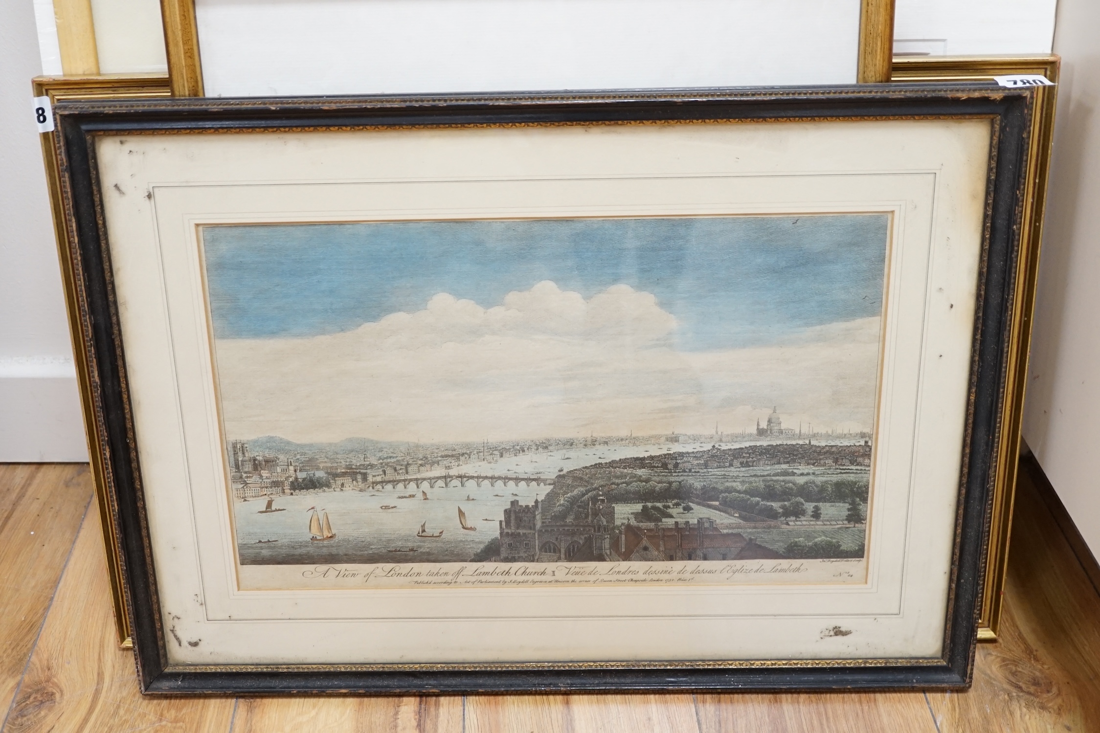 After Boydell, hand coloured engraving, 'A View of London taken off Lambeth Church 1752', 25 x 42cm. Condition - poor